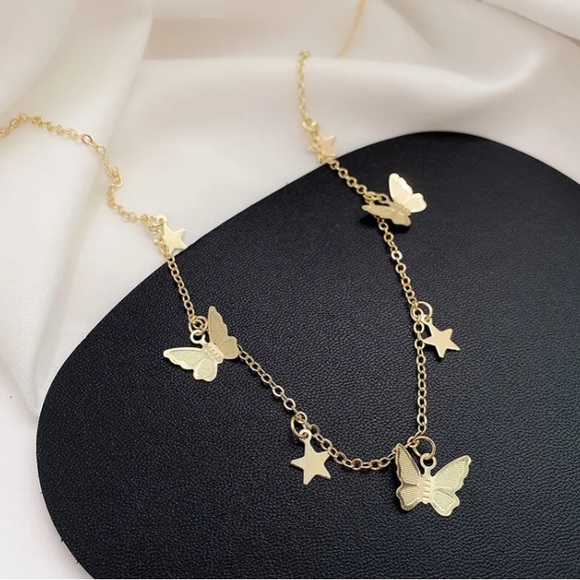 Gold Butterflies And Stars Choker Chain Necklace - Picture 4 of 7